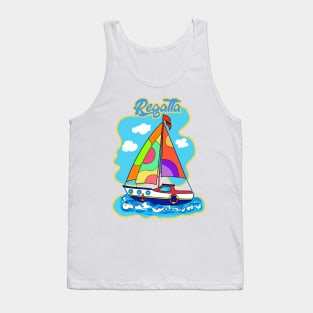 Summer boat kids are a great adventure for sailing with children. Travel in a boat with sails, Beautiful Sea, Sky, blue boat with sail illustration. Tank Top